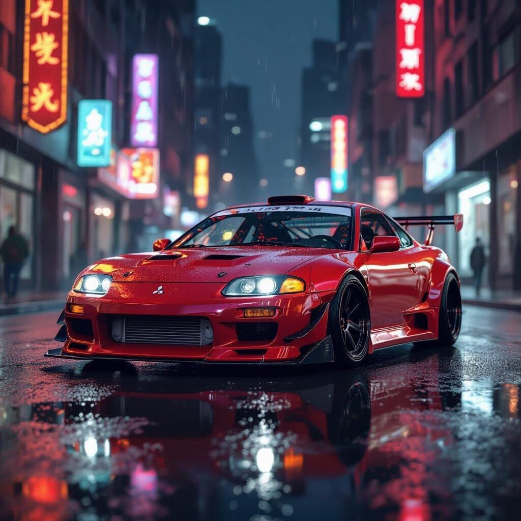 Modified 1999 Red Eclipse Sports Car At Night