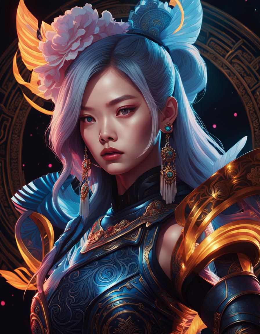Confident Portrait in Korean Armor, Art Nouveau Style