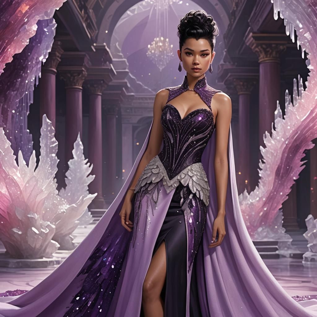 Woman in Crystal Dress in Ballroom