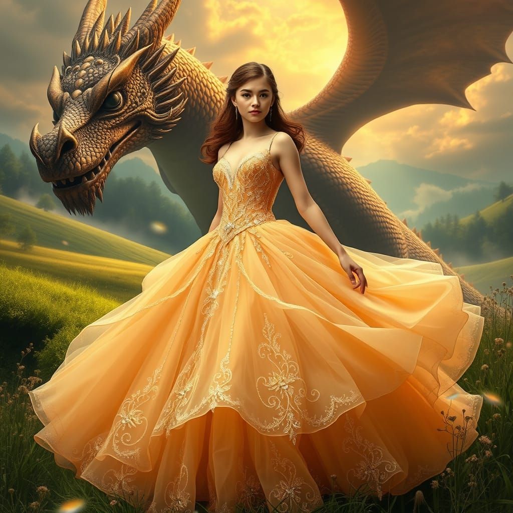 Elegant Young Woman in Whimsical Fantasy Landscape