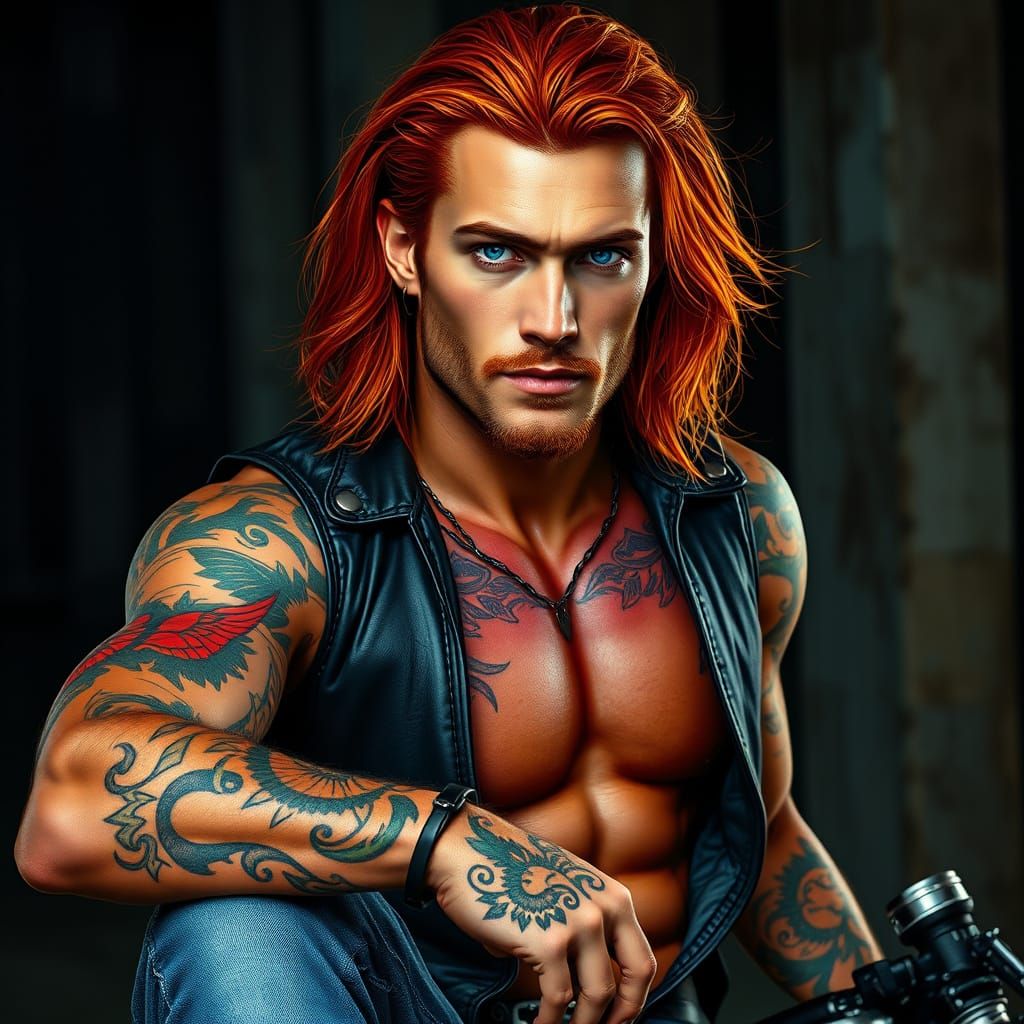 Biker with Vibrant Tattoos in Futuristic Grit Style
