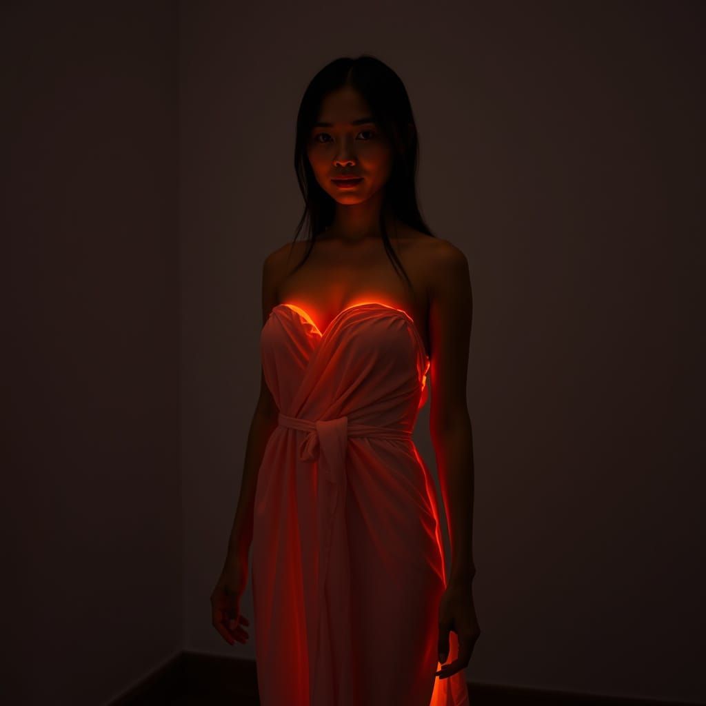 Glowing Asian Woman in Dark Room