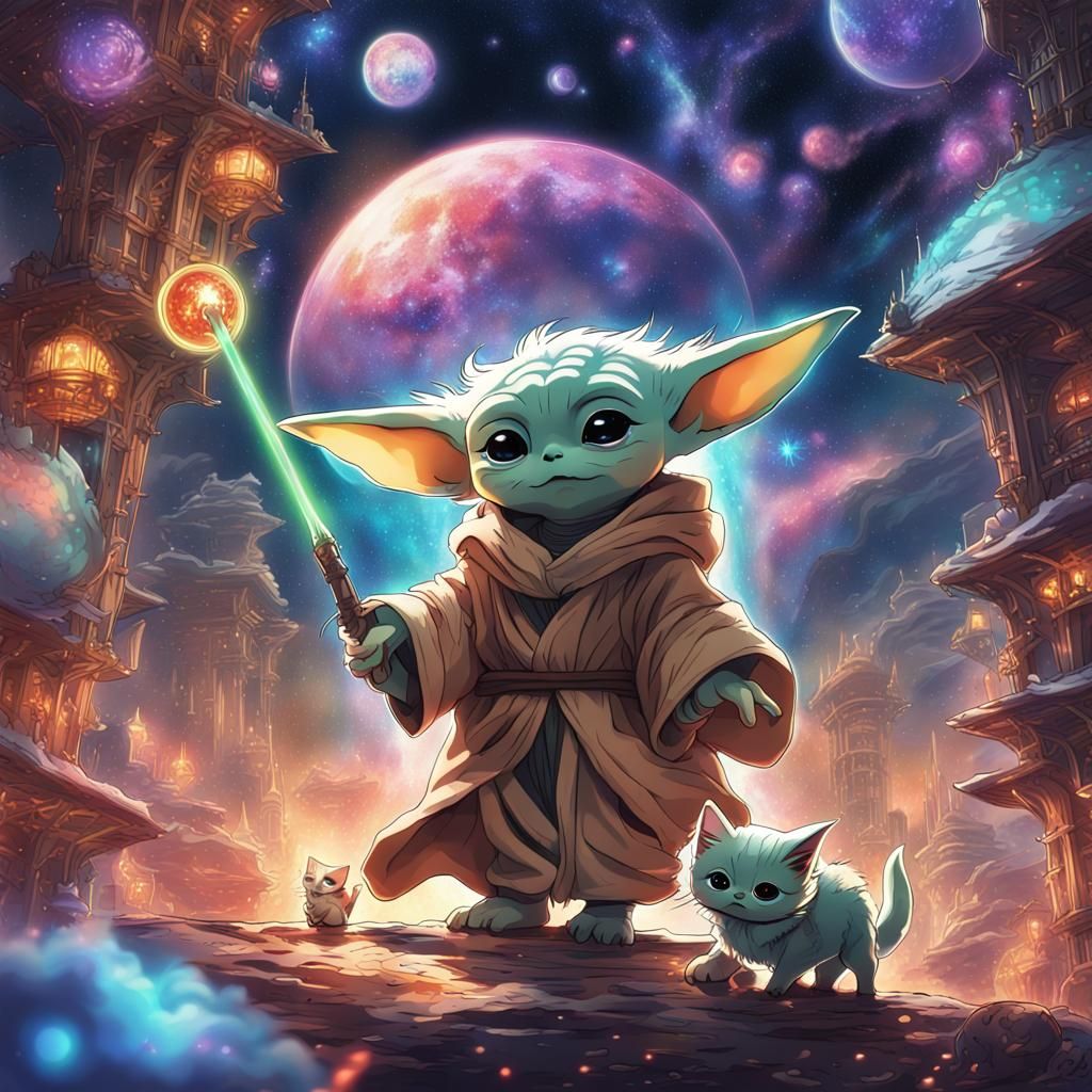 Baby Yoda and Kitten in Anime Astral Realm