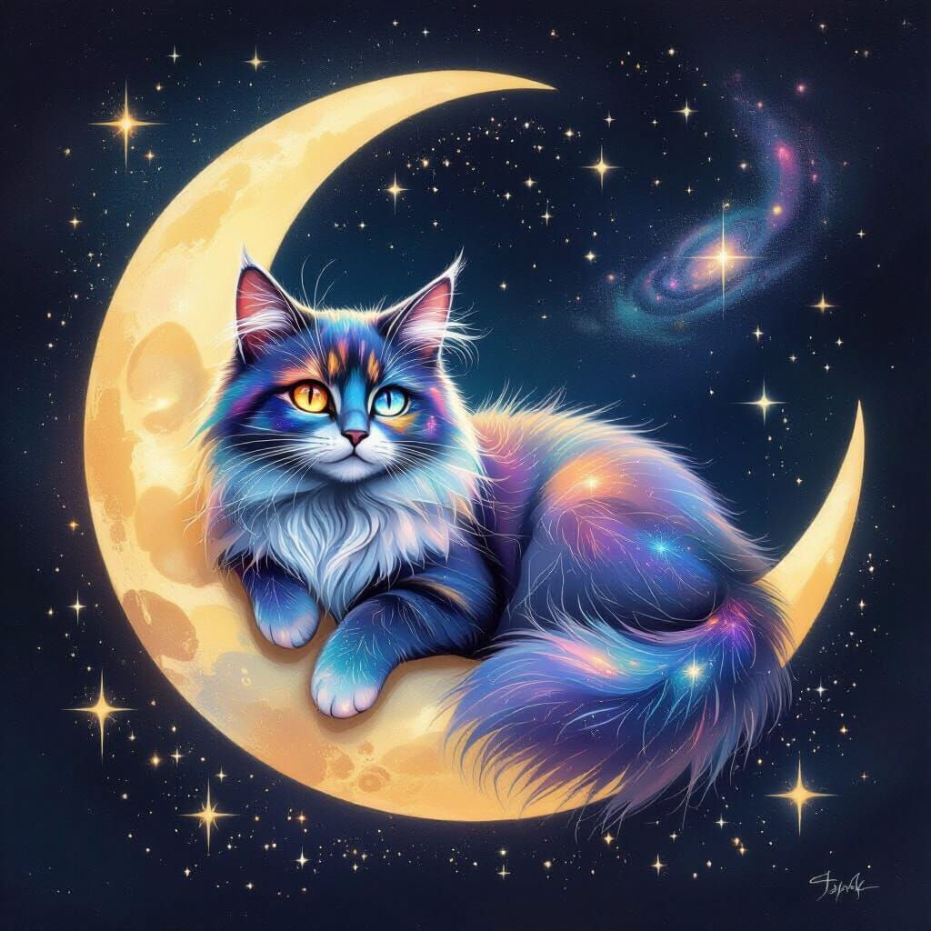Celestial Cat Lounging on Crescent Moon in Surreal Style