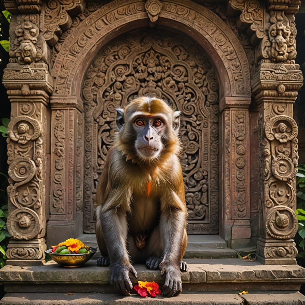 Monkey Offering at Hindu Temple, in Raja Ravi Varma Style