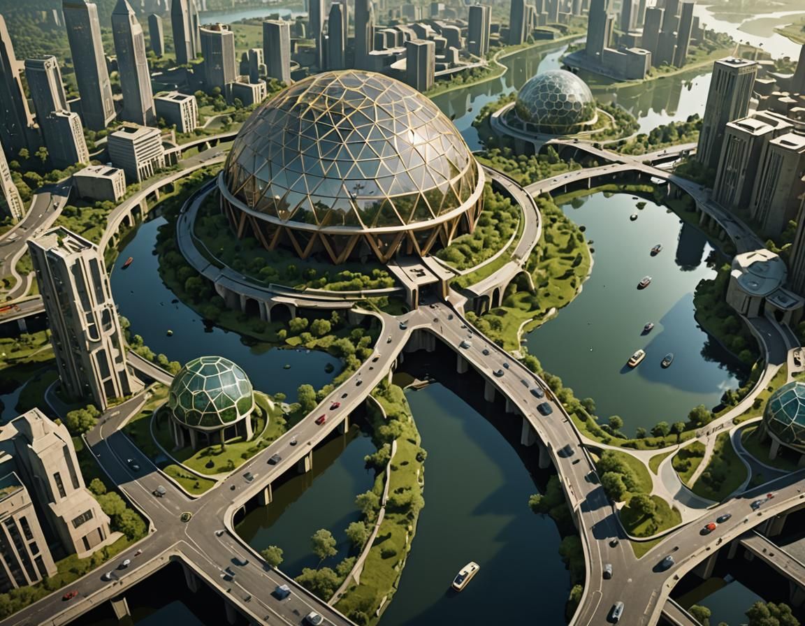 Futuristic Cityscape with Domes and Pagan Motifs
