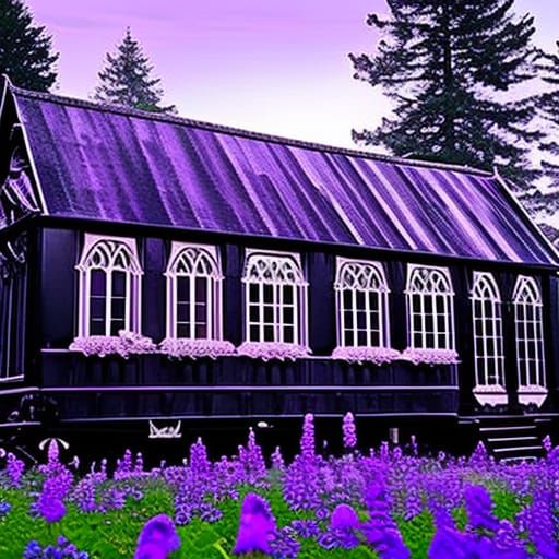 Gothic trailer home with painted black with purple accents& ethereal gothic windows& gothic vibes& dark fantasy vibes& e...