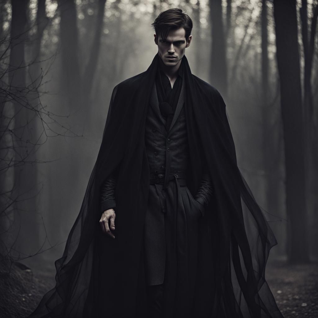 Man walking through a dark forest