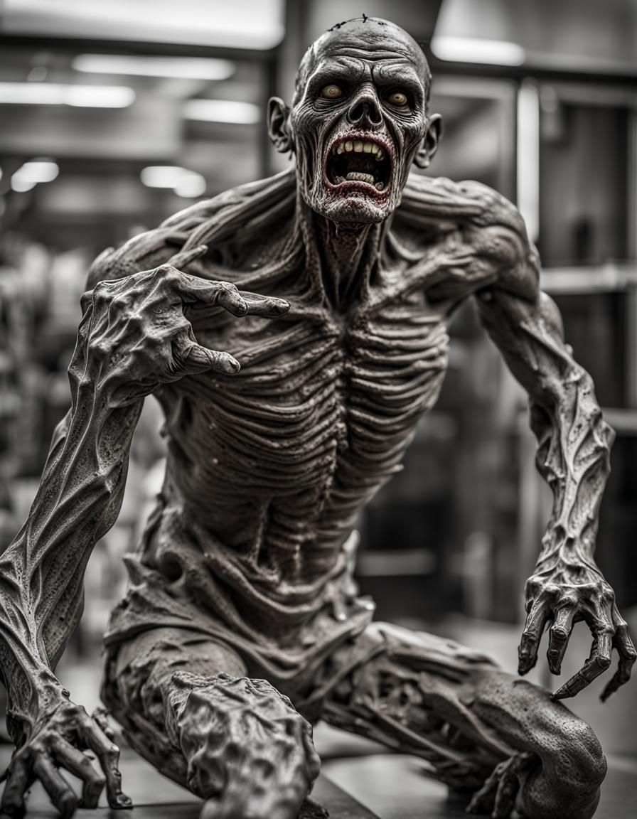 Steel Zombie Sculpture in Wide-Angle Photograph