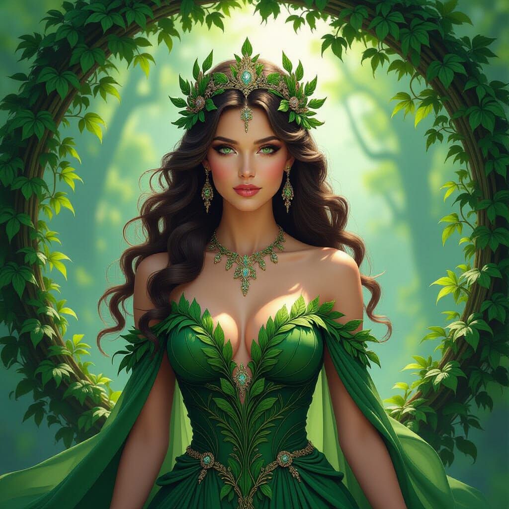 Nature Goddess in Leaf Dress, Magical Forest Masterpiece