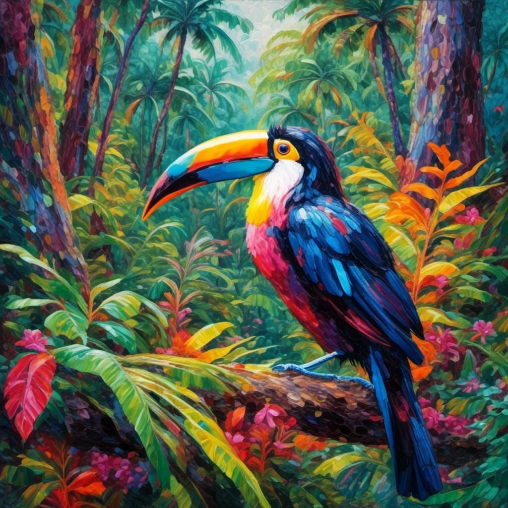 Toucan in Tropical Forest: Expressionist Oil Painting