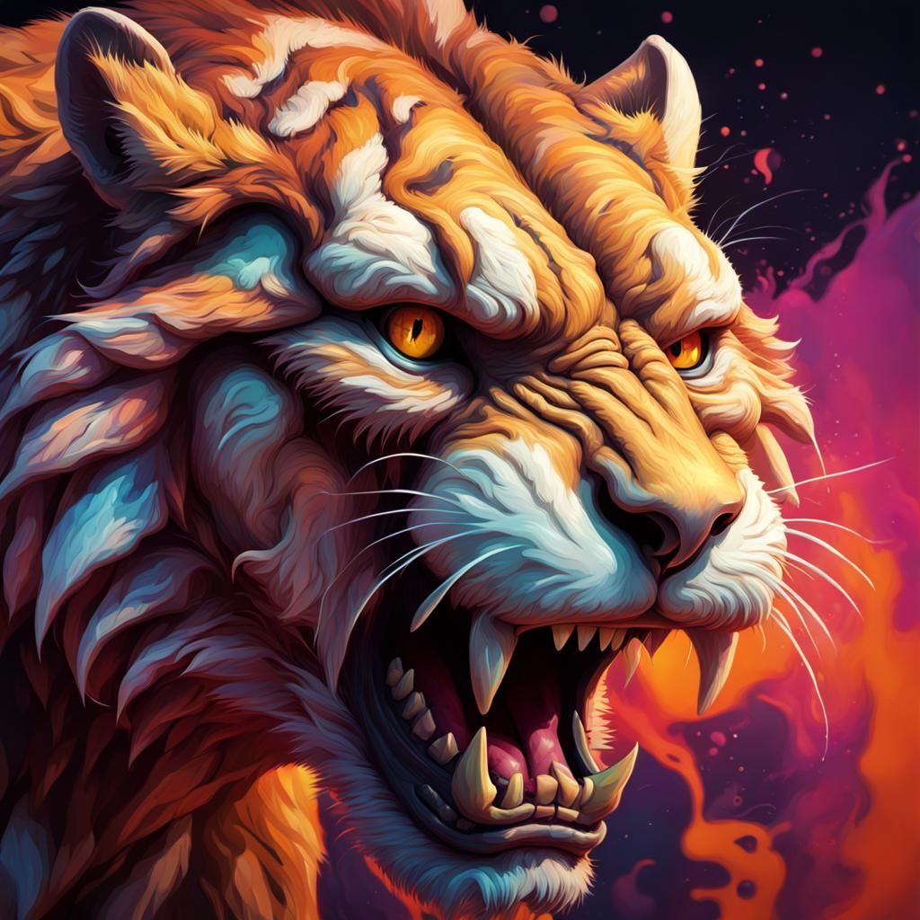 Hyperrealistic Sabertooth Portrait in Macabre Style