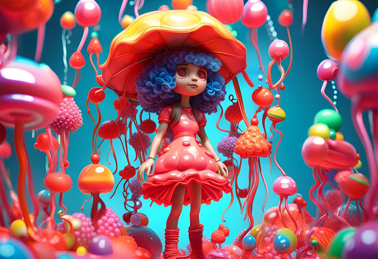 Coral Girl in Candy Universe with Jellyfish Umbrella