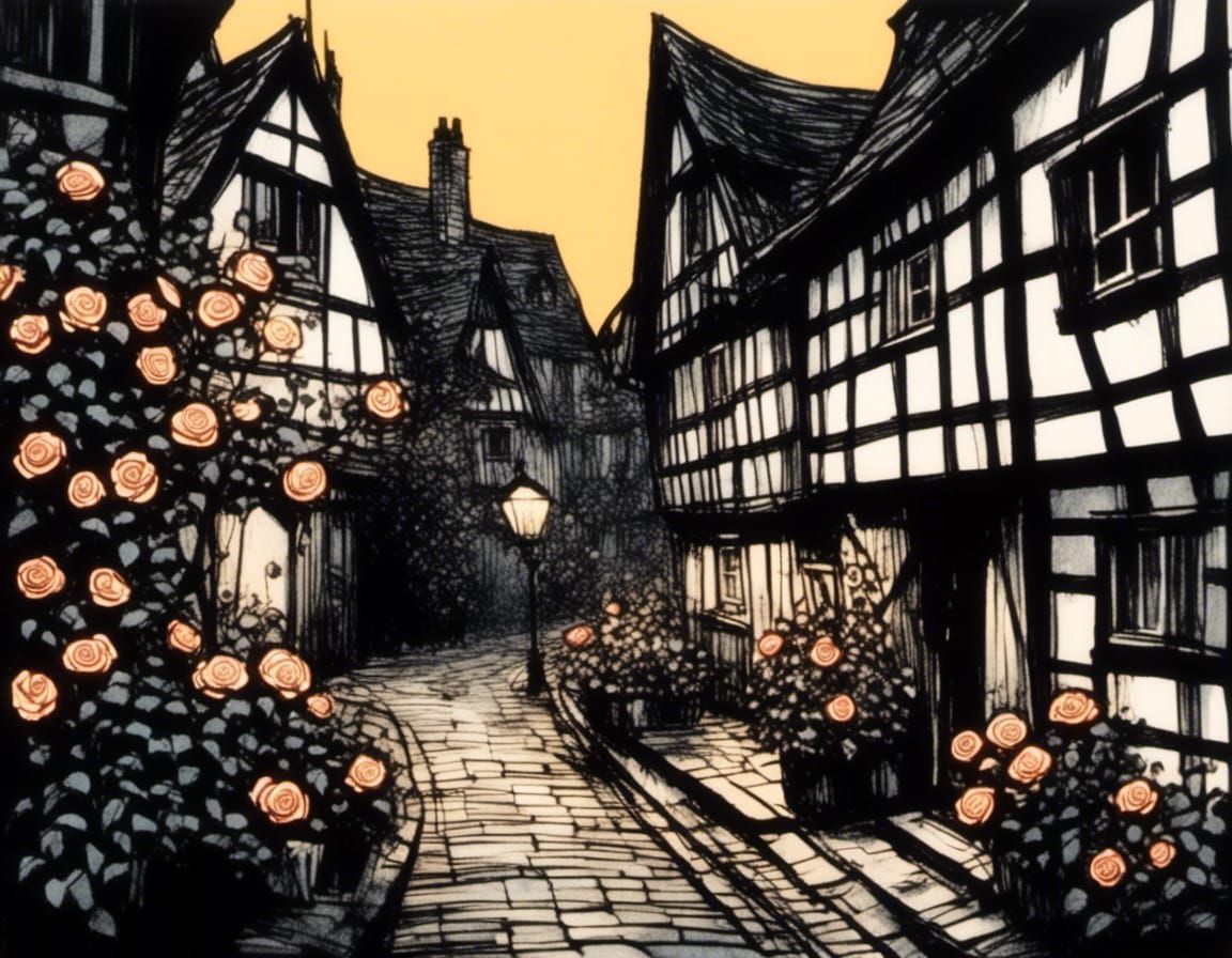 Cozy Rose-Covered Alley at Dusk in Charcoal Style