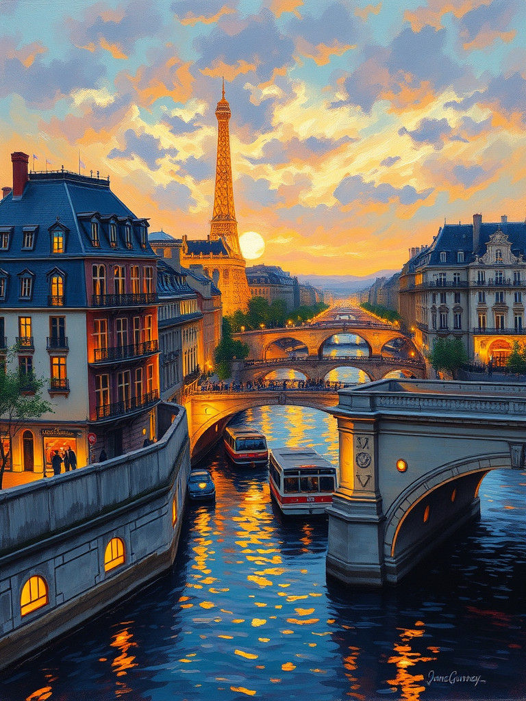 Paris at Twilight as Impressionist Oil Painting