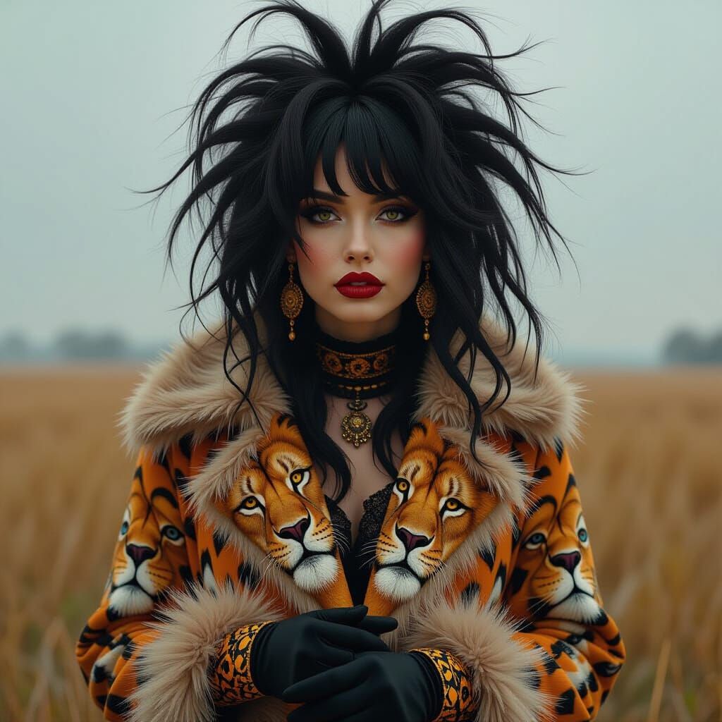 Gothic Woman with Lion Coat in Eerie Faience Style