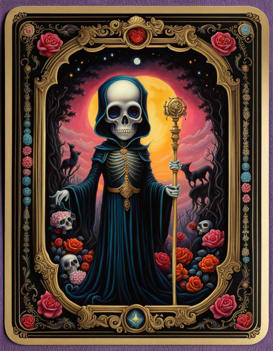 Creepy Cute Death Tarot Card in Pop Surrealist Style