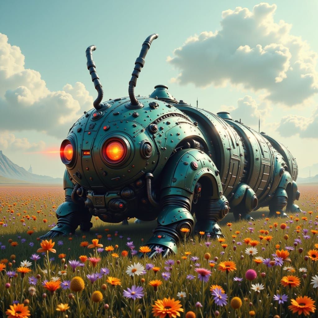 A robotic death caterpillar with battle armor. Its eyes shoot lasers at a field of flowers.<lora:cyborg animals:1.0>