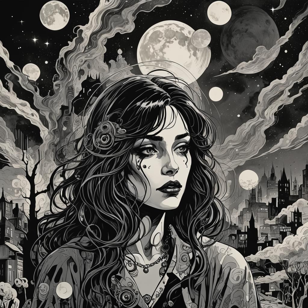 Lunar Shamaness in Comic Noir Expressionism