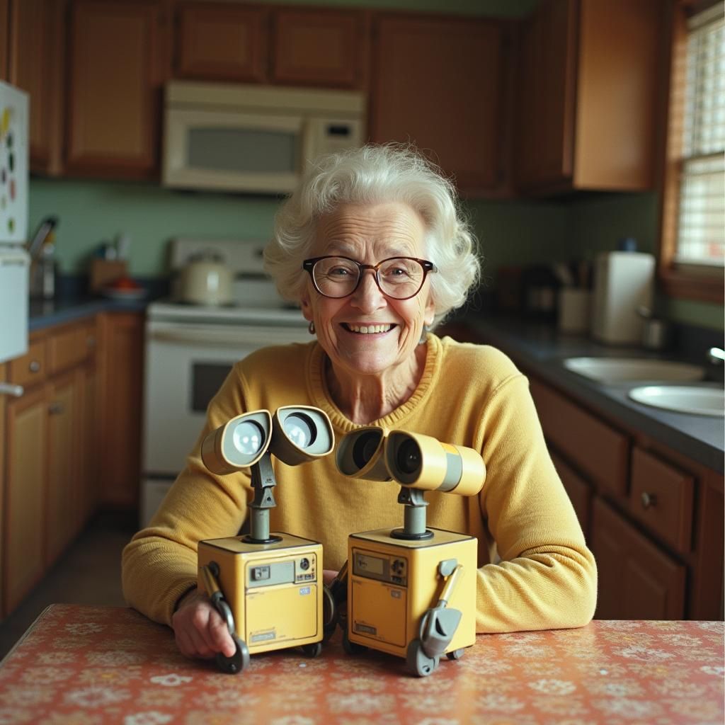 Woman with Wall-E Robots in 1970s Kitchen