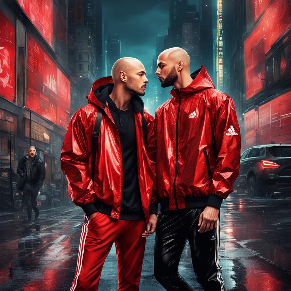 Two Handsome Men Kissing in Shiny Tracksuits