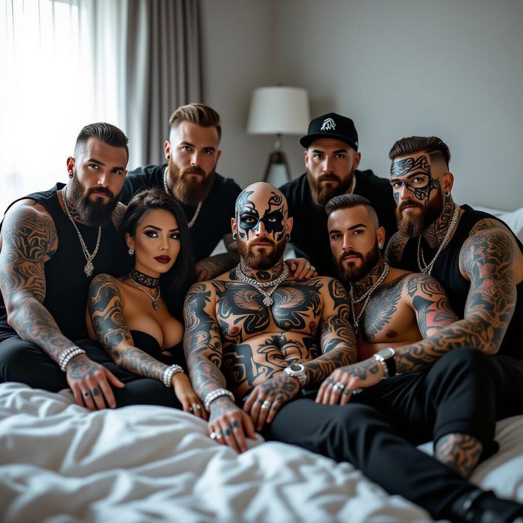 Tattooed Group in Bed with Urban Morning Light