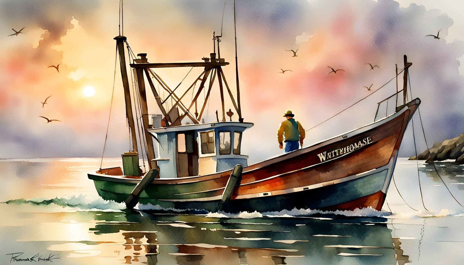 Watercolor Shrimper Boat Scene with Deckhands