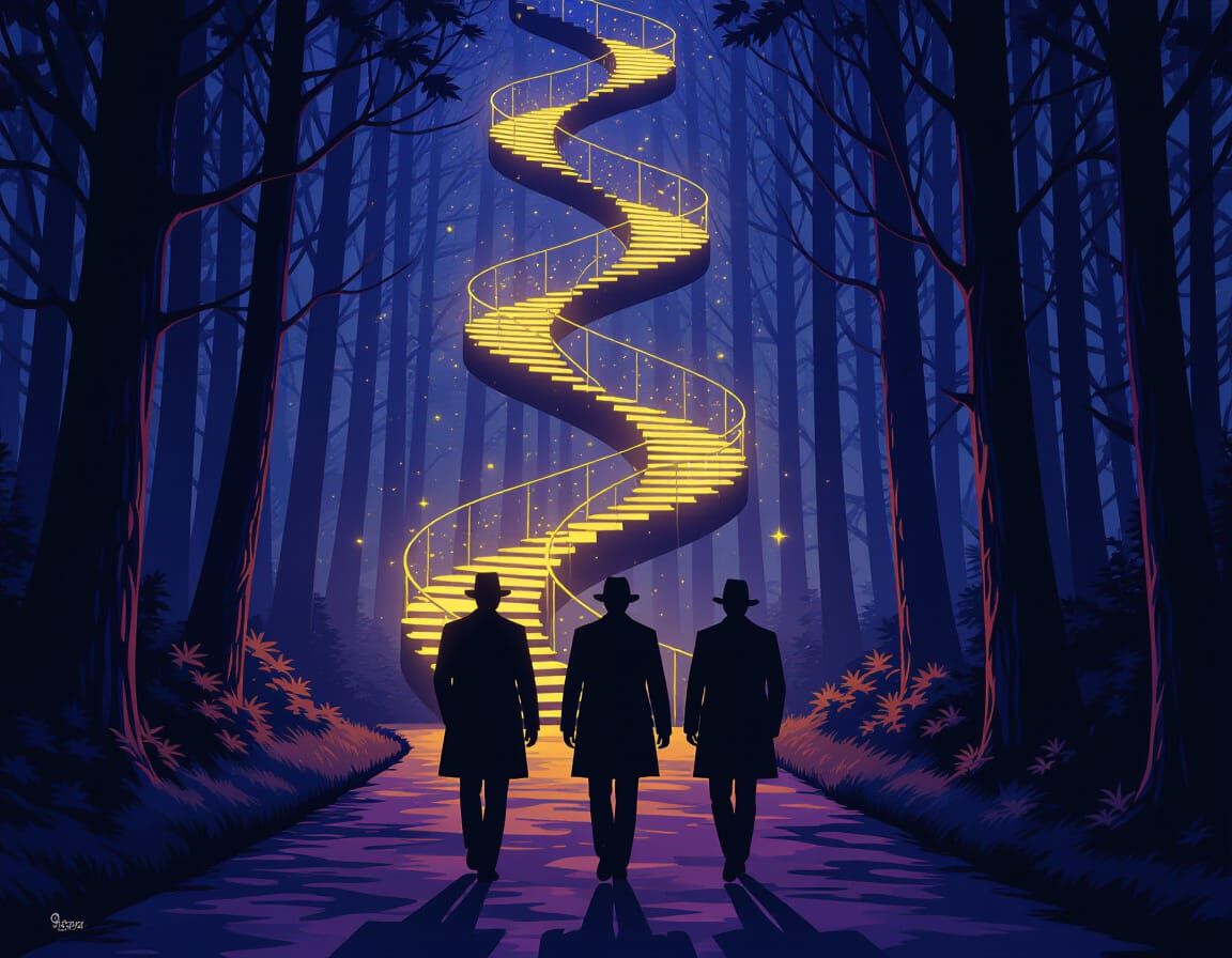 Starlight Stairway in Mysterious Forest, Dark Fantasy Art