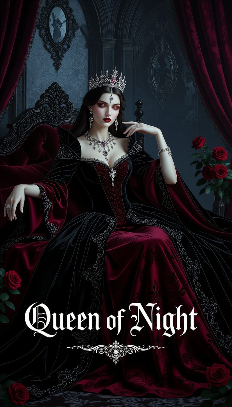 Queen of the Night in Gothic Chamber, Hyperrealistic Portrai...