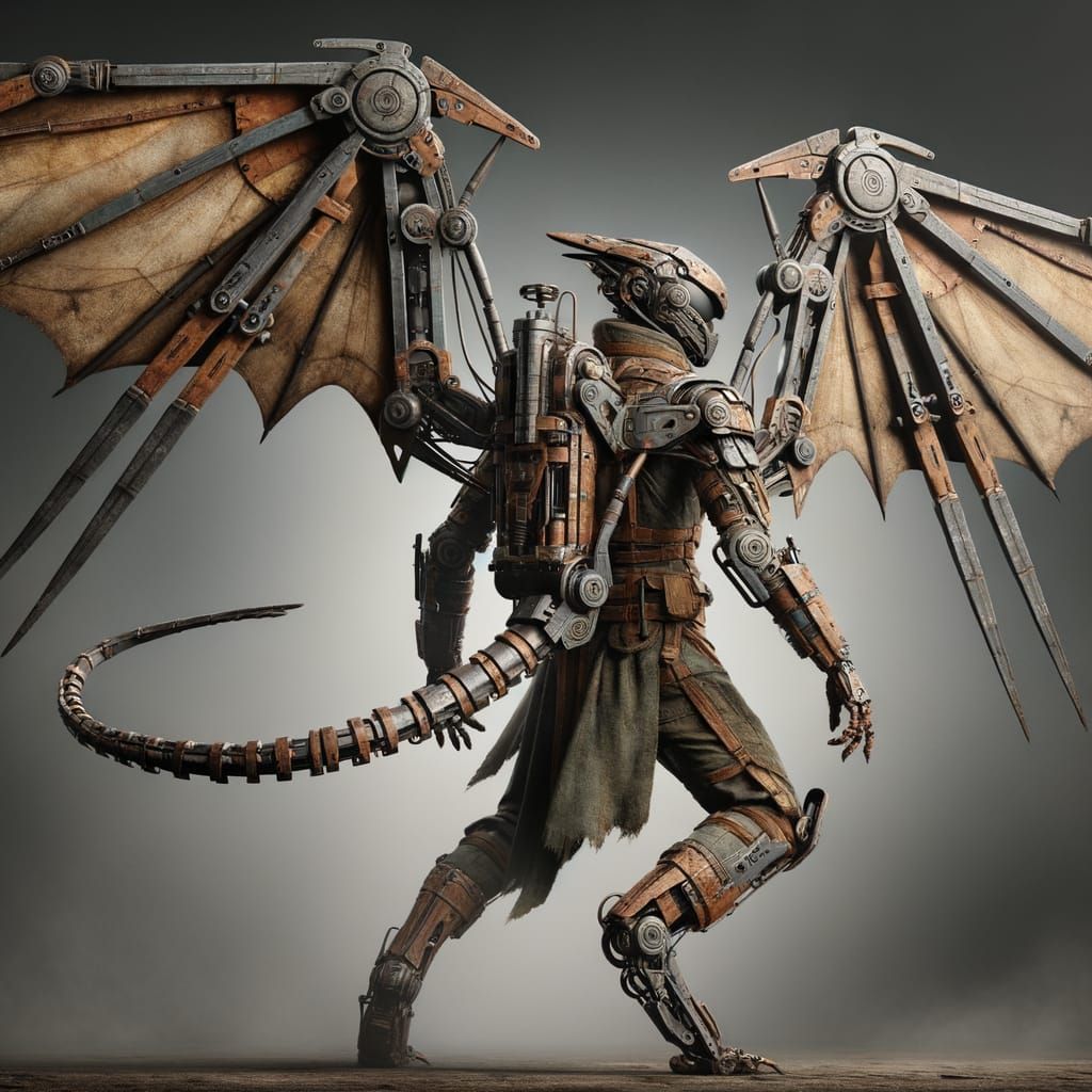 Cyberpunk Warrior with Pterosaur-Inspired Wings