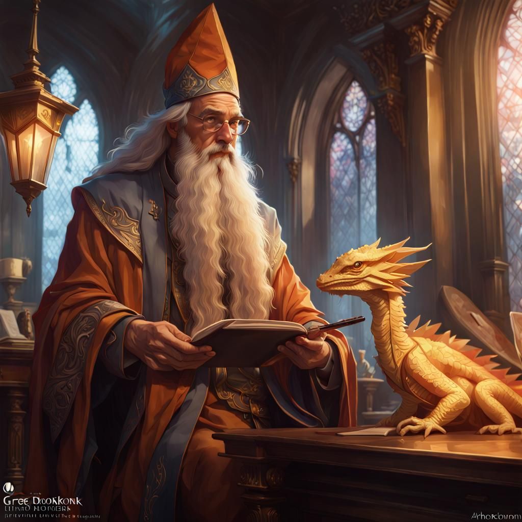 Wizard and Dragon Portrait in Detailed Concept Art Style