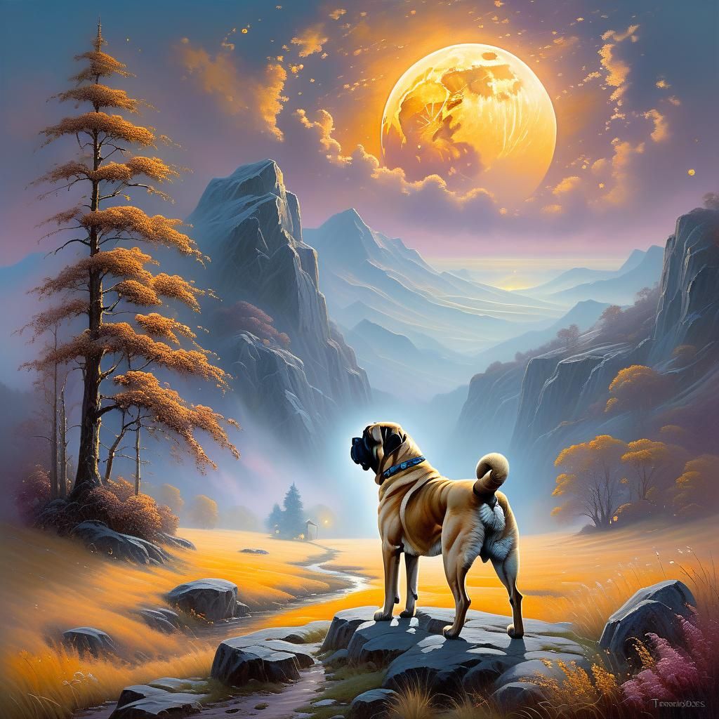 English Mastiff in Misty Moonlit Landscape Painting