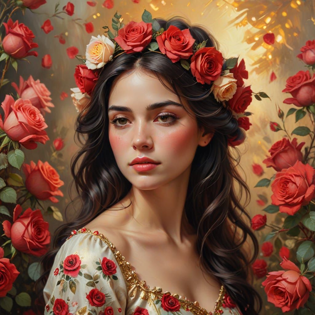 Romantic Realism Portrait with Red Rose Crown