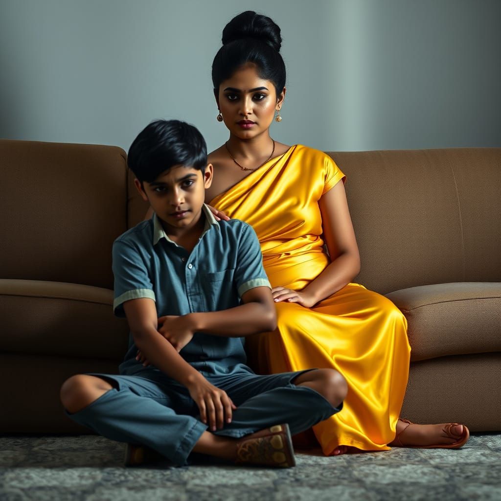 Indian Woman Admonishing Boy on Sofa Photorealistic Style