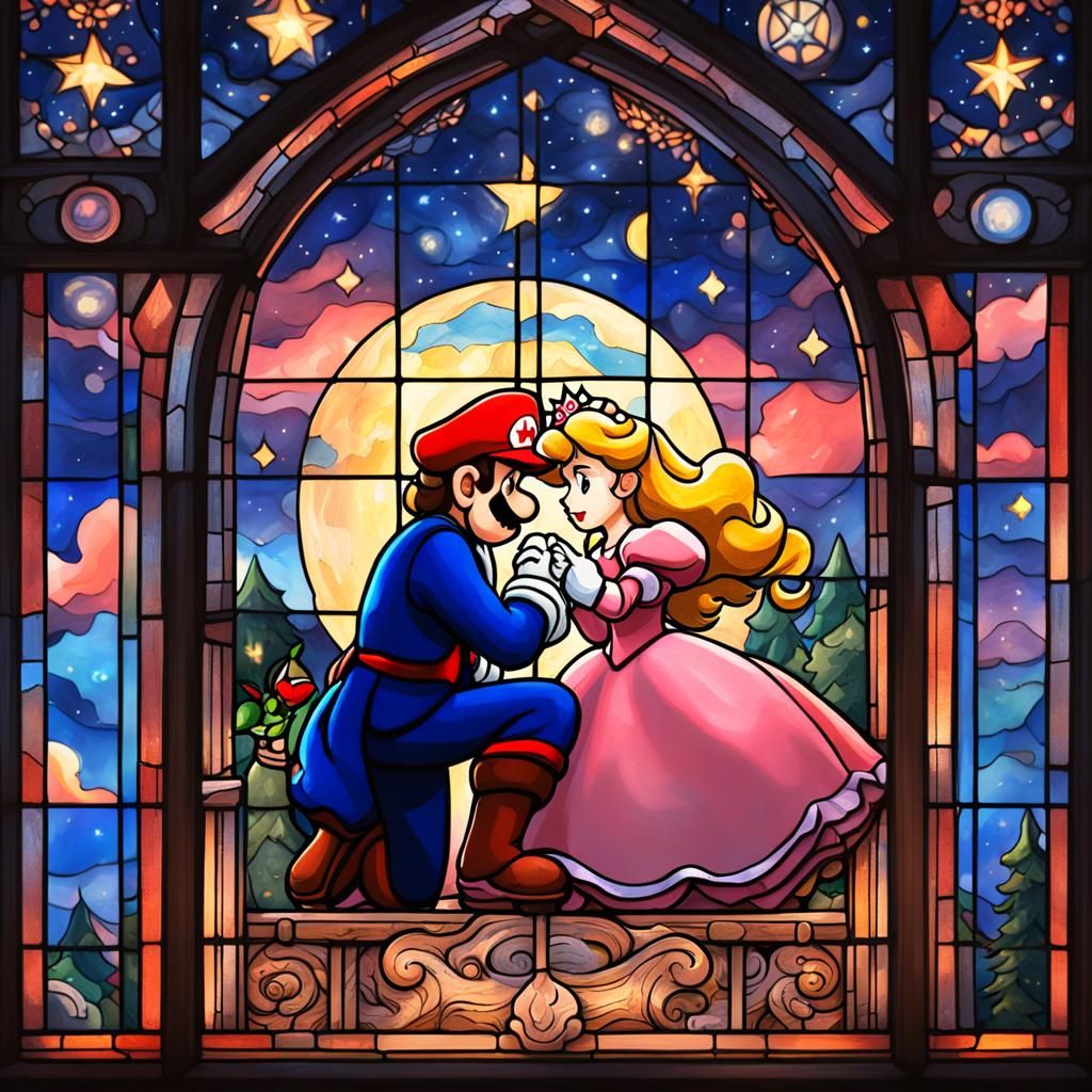 Mario and Peach Kiss in Stained Glass Window