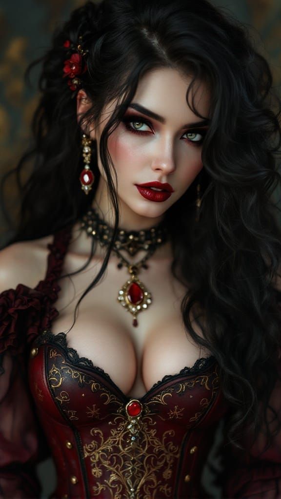 Gothic Lady in Crimson Leather Corset