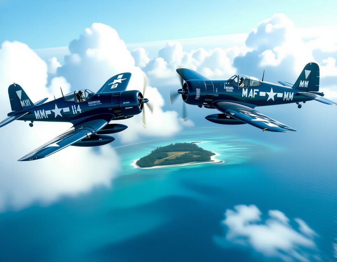 US Marine Corps Corsair Fighters in South Pacific Skies