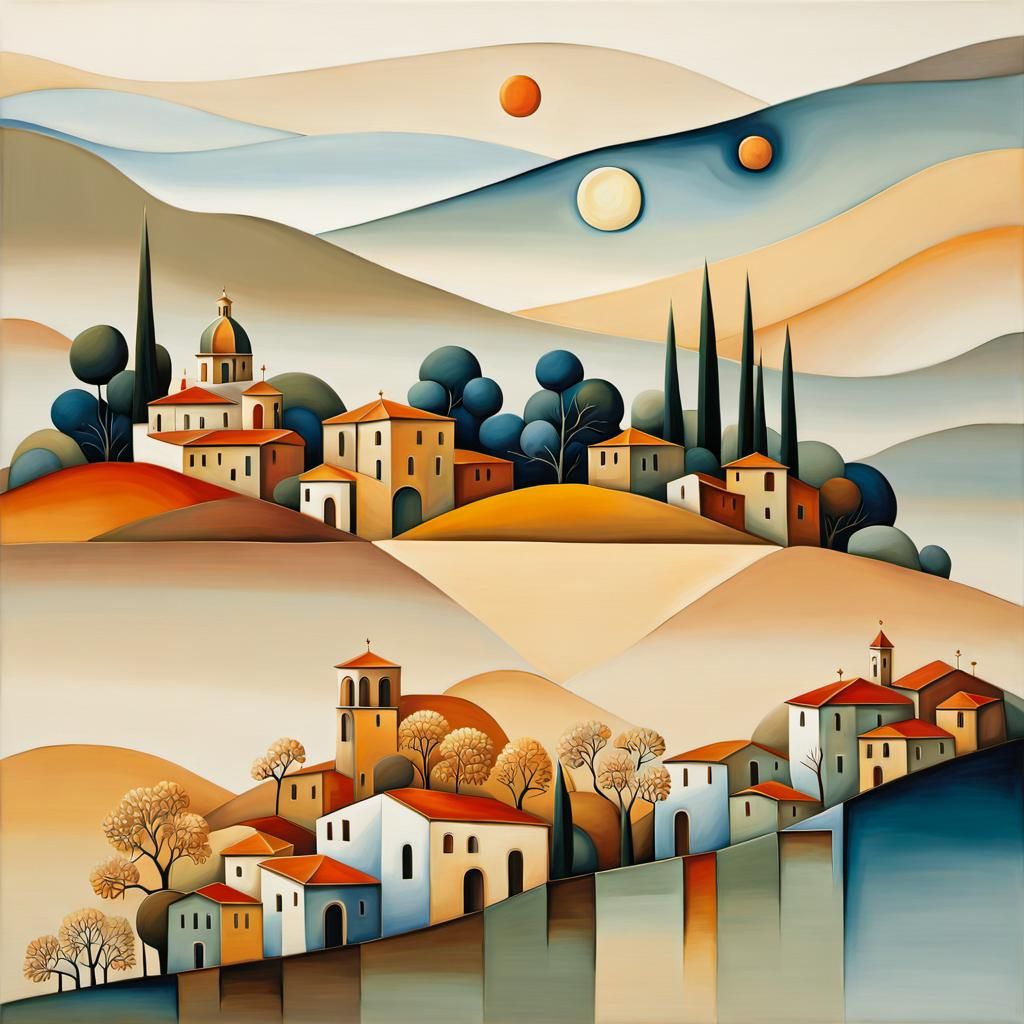 Italian Town Landscape in Cubist Art Deco Style