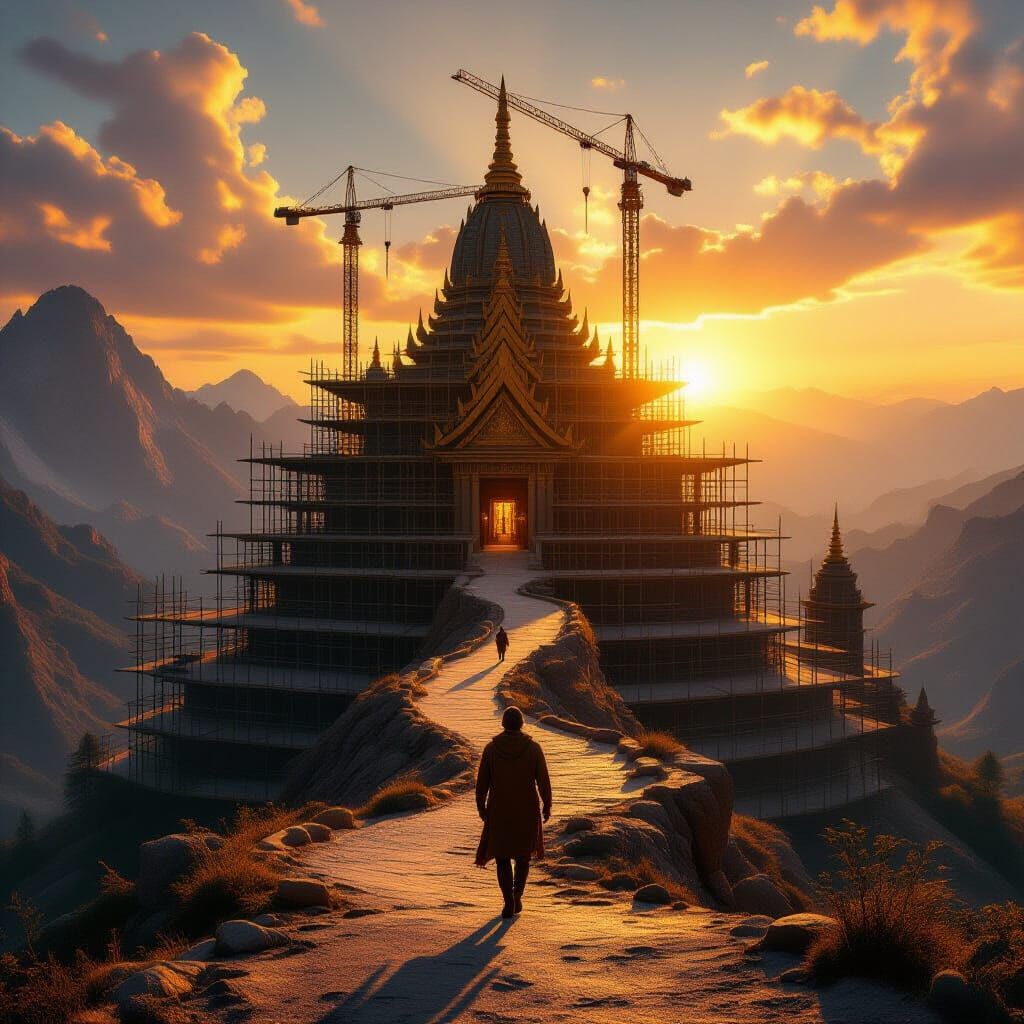 Epic Mountain Temple Construction at Golden Hour