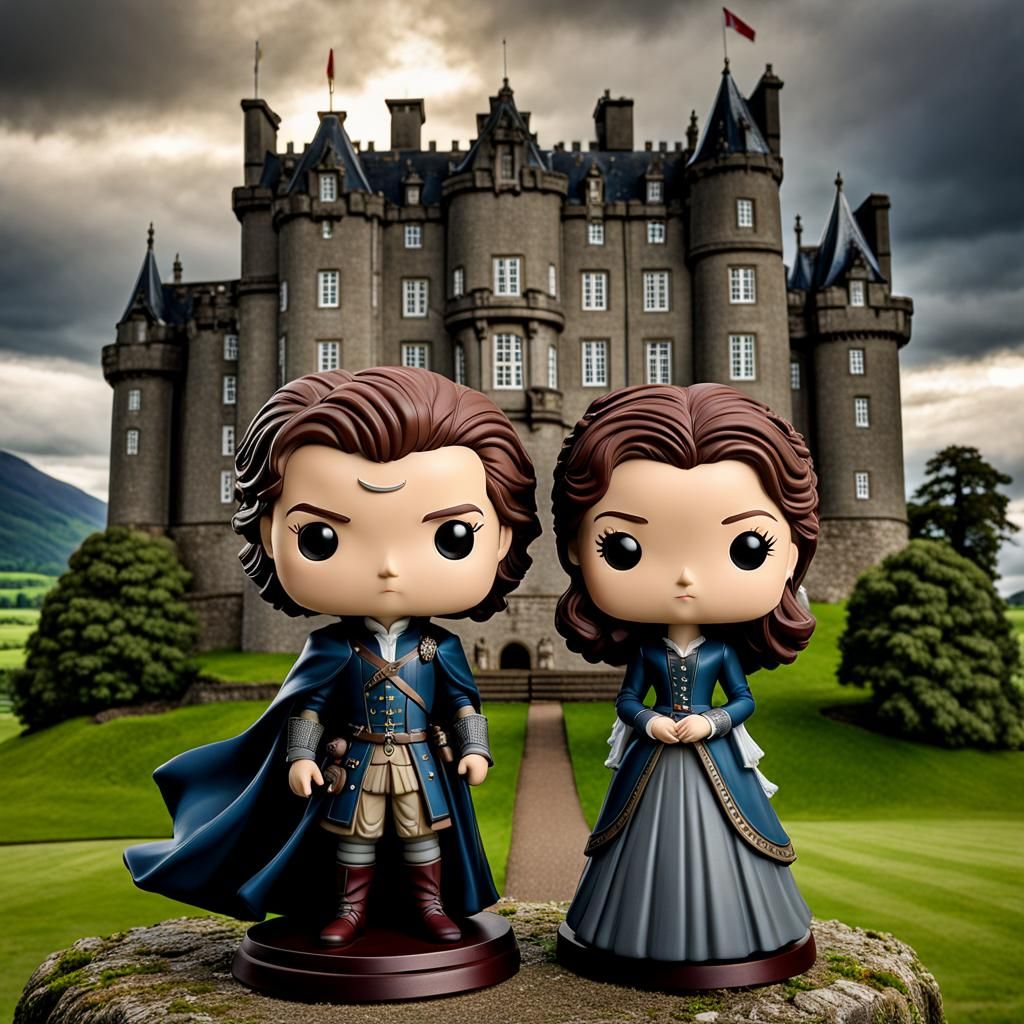 Bobble head Jaime and Claire Fraser from outlander in front of a Scottish castle intricate details, HDR, beautifully sho...