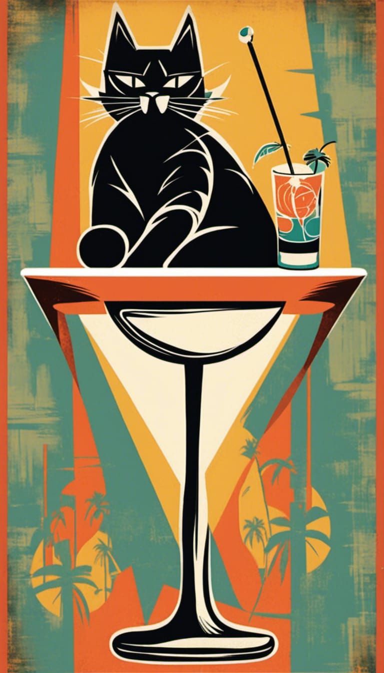 Atomic Tiki Cat Art in Mid-Century Style