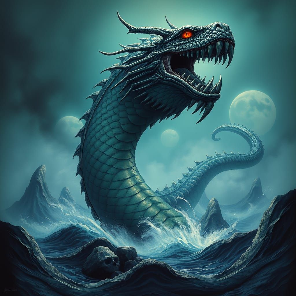Gargantuan Sea Serpent Rises from Mystical Ocean Depths