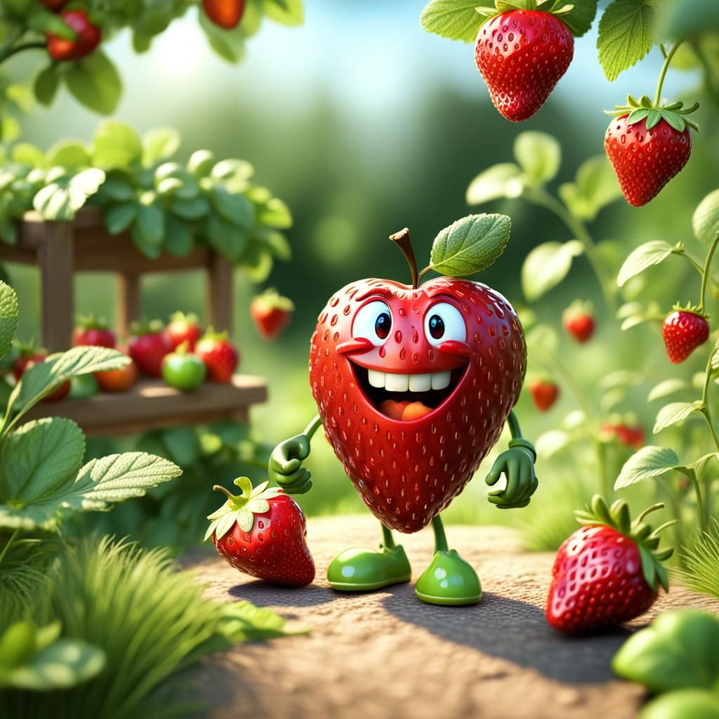 Anthropomorphic Apple and Strawberry Garden Scene