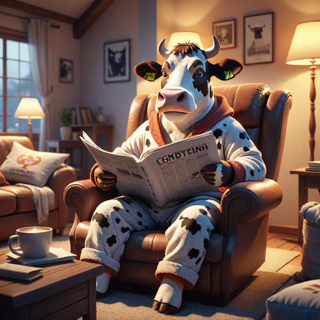 Cow in Pajamas Reads Newspaper in Cozy Living Room