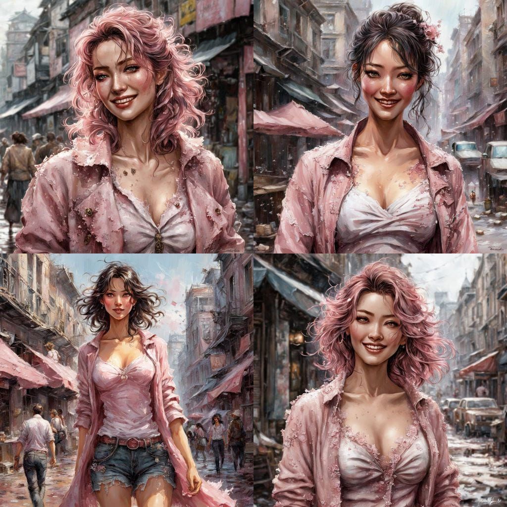 Smiling Woman in Pink, Manga Art Style