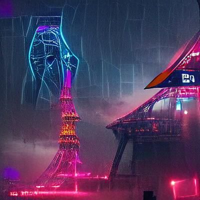 Eiffel Tower in Cyberpunk 2099 Style