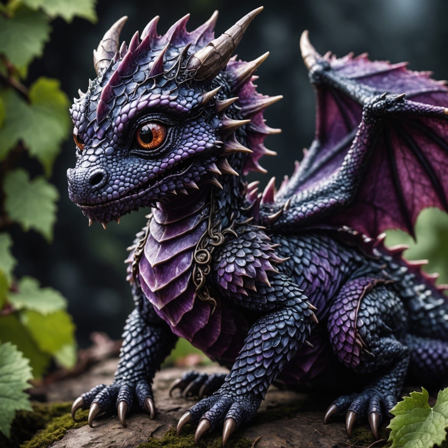 Hyperrealistic Grape Baby Dragon in HDR