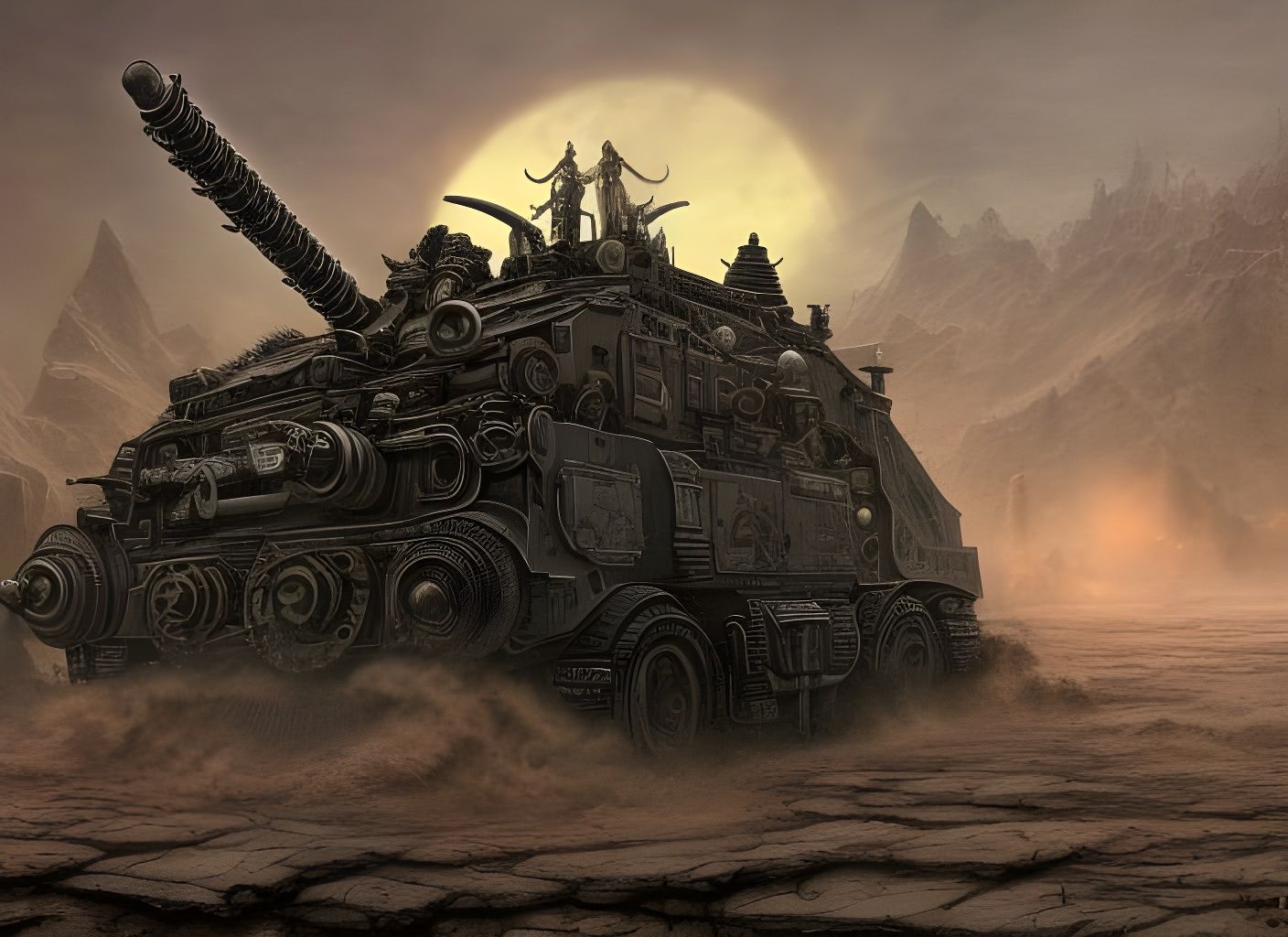 Armored Steampunk Tank in Apocalyptic Landscape