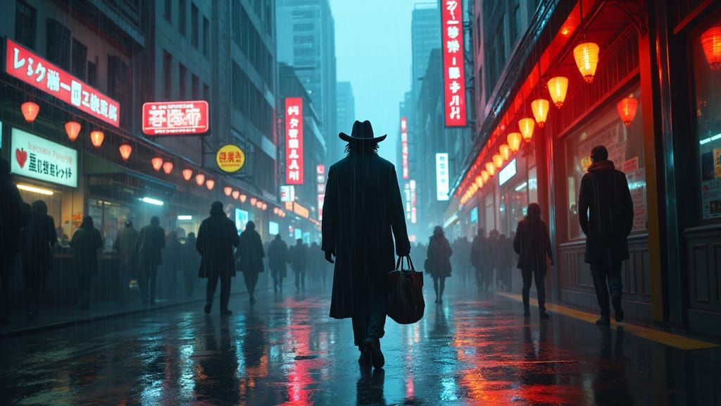 Cyberpunk Figure in Rain-Soaked Cityscape