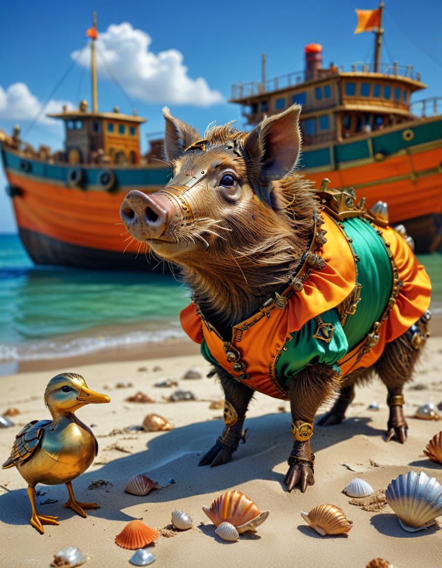 Steampunk Beach Vacation with Boar in Silk Dress